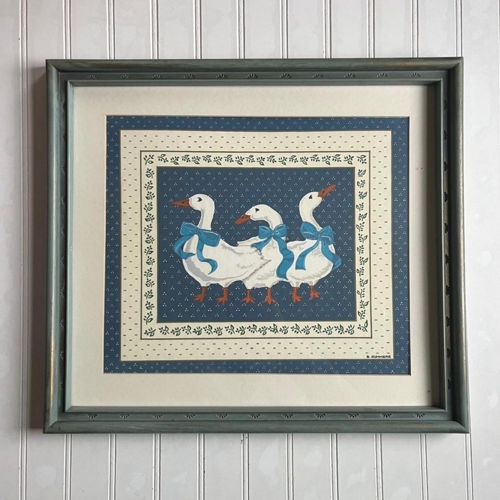 Vintage B Summers Framed Geese Art Print Blue Bows Country Farmhouse 18x16